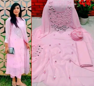 Indian Exclushive New Collection Weatless Goergett Ambroydary Work Three Piece ,jama orna salower [3PC]